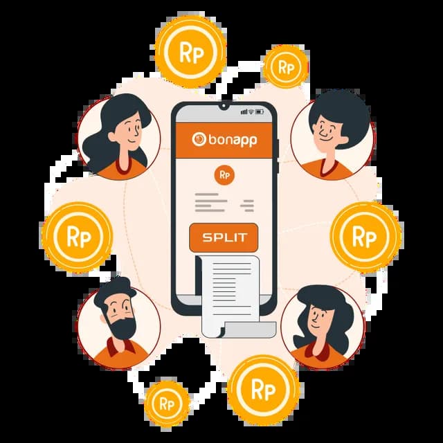Ilustrasi split bill BonApp dengan struk dan koin Rupiah